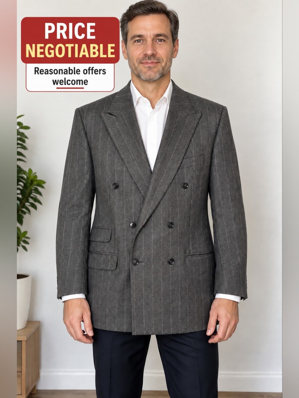 Samuelsohn Luxury Double Breasted Wool Cashmere Pinstripe Blazer Men’s 42R OBO